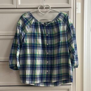 GAP Blue and Green Button Down Shirt with Plaid Design